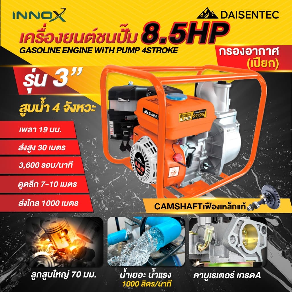 DAISENTEC - เครื่องสูบน้ำเบนซิน 2 3 นิ้ว 8.5 แรง 4 จังหวะสตาร์ทง่าย ปั๊มชนเครื่อง เครื่องยนต์สูบน้ำ เครื่องสูบน้ำ รูปที่ 4