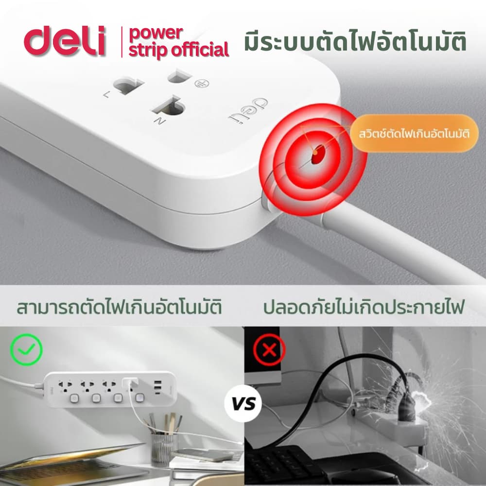 Deli ปลั๊กสามตา ปลั๊กไฟ รองรับไฟ 2300W ทนร้อน มีระบบตัดไฟ ปลอดภัย มีมอก Power Socket รูปที่ 2