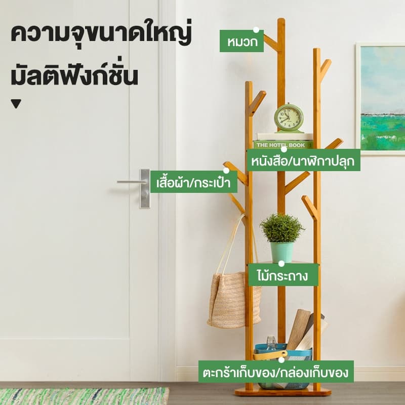 ที่แขวนกระเป๋า ราวตากผ้า ที่เเขวนหมว ทำจากไม้สนธรรมชาติ รับน้ำหนักได้สูงสุด 80 ปอนด์ แขวนเสื้อได้ ประหยัดพื้นที่ รูปที่ 2