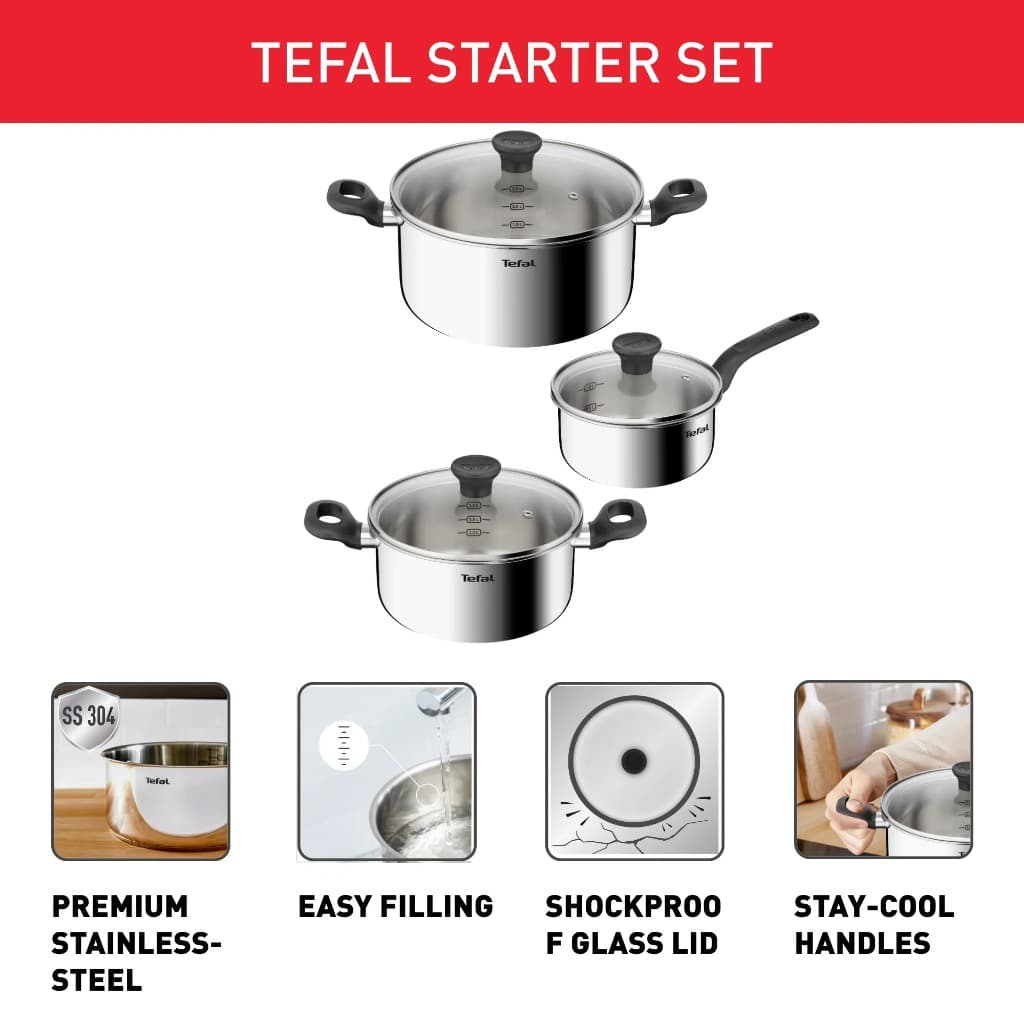 Tefal ชุดหม้อ Starter 6 ชิ้น รุ่น E325S695 :หม้อหู 24 ซม.+ ฝา หม้อหู 20 ซม.+ ฝา หม้อด้าม 16 ซม.+ ฝา รูปที่ 3