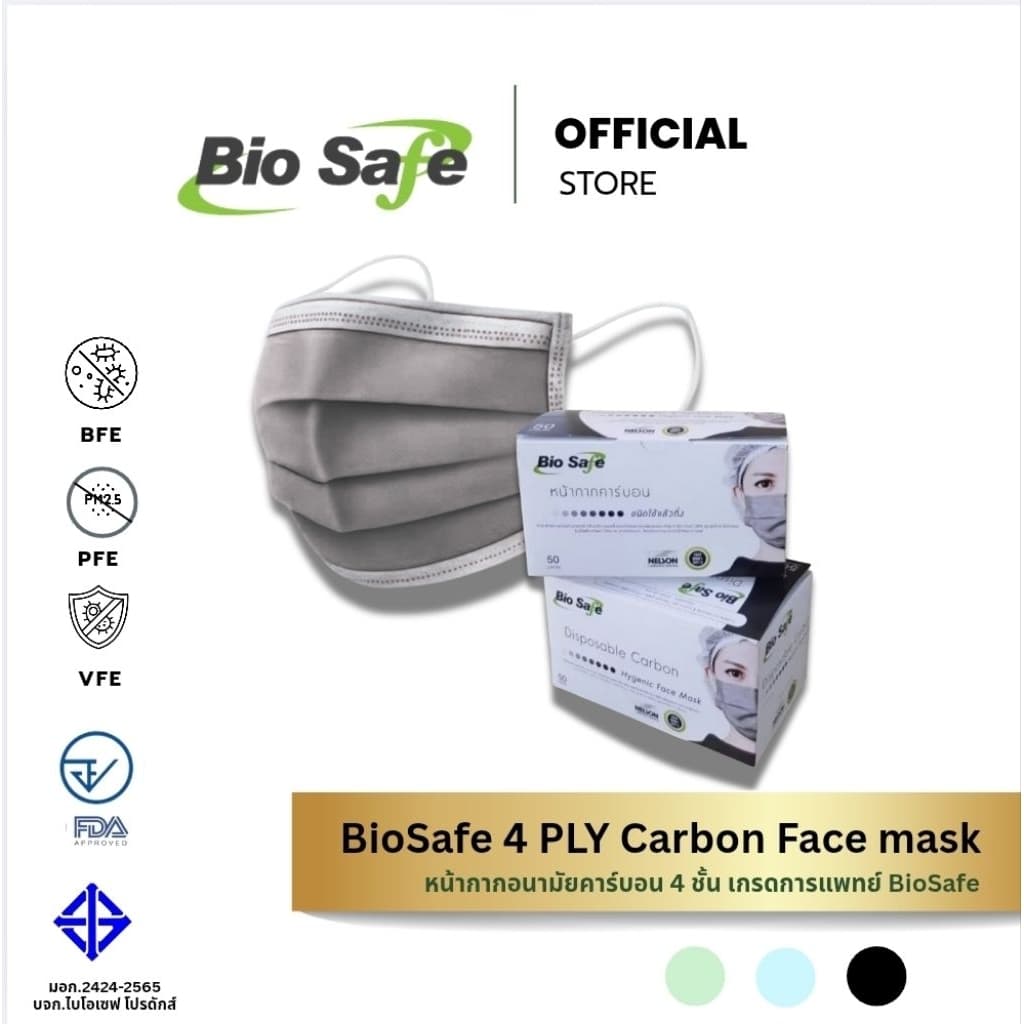 หน้ากากอนามัยคาร์บอน 4 ชั้น BioSafe สีเทา กรองกลิ่น กัน PM2.5 กล่อง 50 ชิ้น รูปที่ 1