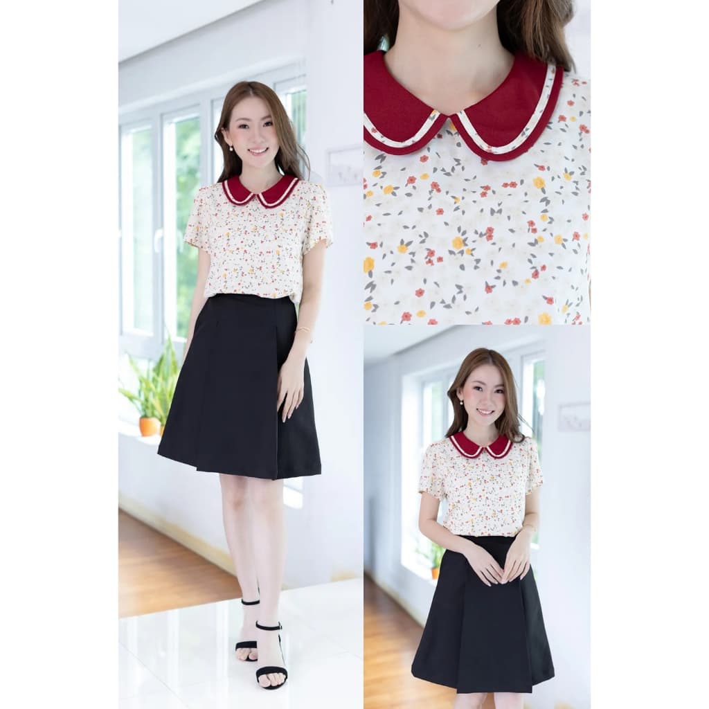 Narinari : MT4101 Trimmed Peter Pan Collar Blouse เสื้อทำงานปกบัวผ้าพิมพ์ลาย รูปที่ 3