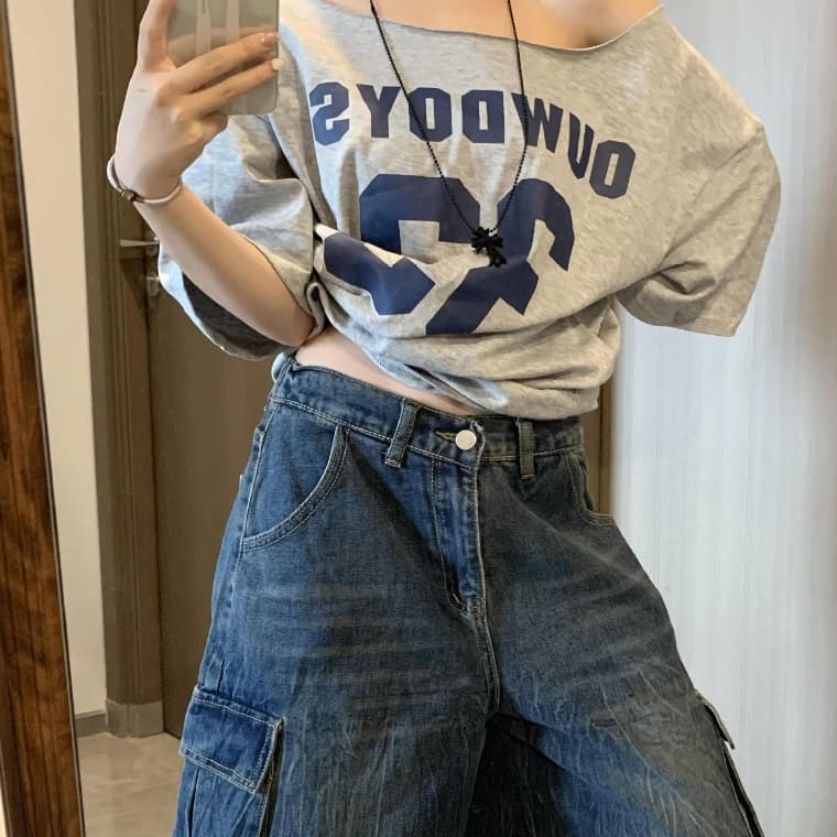 ในไทย*** เสื้อยืดปาดไหล่ โอเวอร์ไซส์ขนาดใหญ่ ปาดไหล่ข้างเดียว Y223 รูปที่ 6
