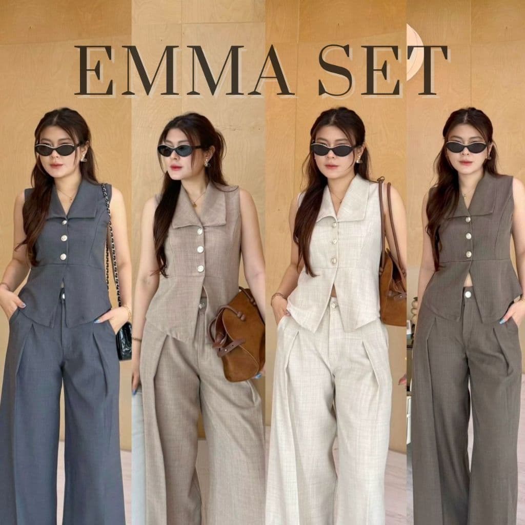 Emma Set:ชุดเซ็ทขายาว 2 ชิ้น ชุดเซ็ทขายาวเสื้อแขนกุดกระดุมหน้า กางเกงกระบอกเกาหลี คาเฟ่ BETTY รูปที่ 1