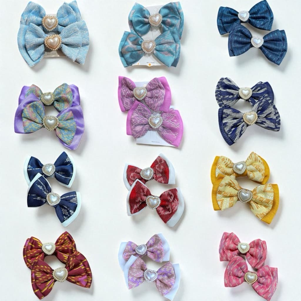 set 2ชิ้น ถักเปียมี65ลายกิ๊บโบว์ผ้าทอลายไทยอัดกาว รูปที่ 1