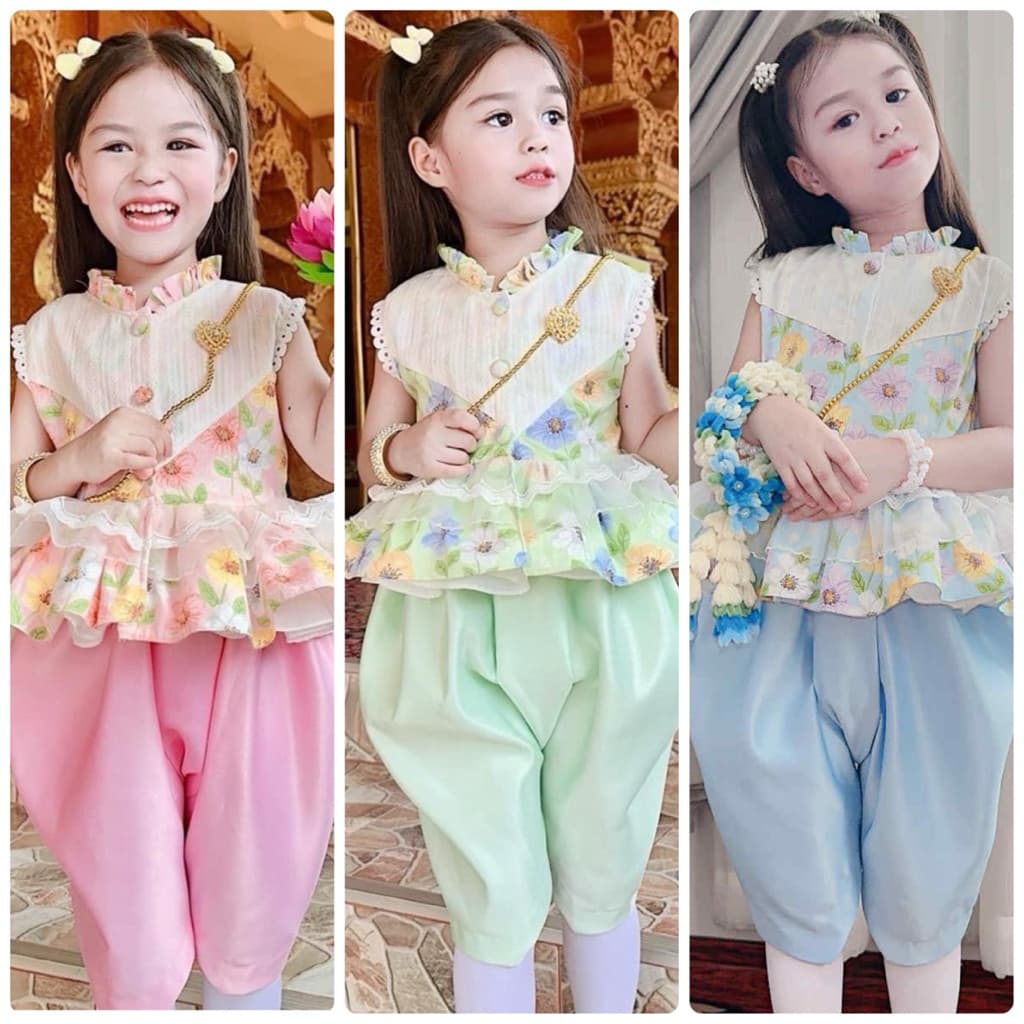 ชุดไทยเด็ก สีพาสเทล ลายดอกไม้ แต่งระบาย รูปที่ 1