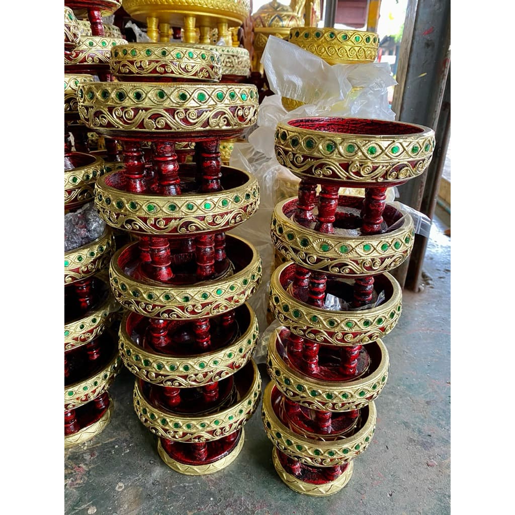 ขันโตกไม้ สีแดงทำเก่า ลายไทย เขียนทอง รูปที่ 4