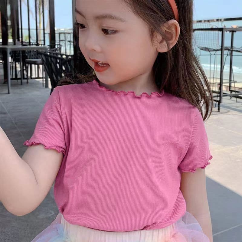เสื้อเเขนสั้นเด็กหญิง เสื้อยืดเด็กหญิง สีพื่น ขอบใบบัว ดีไซส์แฟชั่น สไตล์เกาหลี ทันสมัย ในไทย มี 8 สี รูปที่ 5