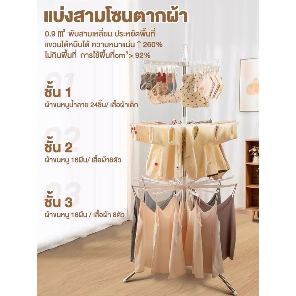 ราวตากผ้า สแตนเลส ราวแขวนผ้าเช็ดหน้า ที่แขวนเสื้อเด็ก ที่แขวนเสื้อทารก เสาแขวนผ้า 16 เสา พับเก็บได้ ถอดออกได้ ผ้าเด็ก รูปที่ 3