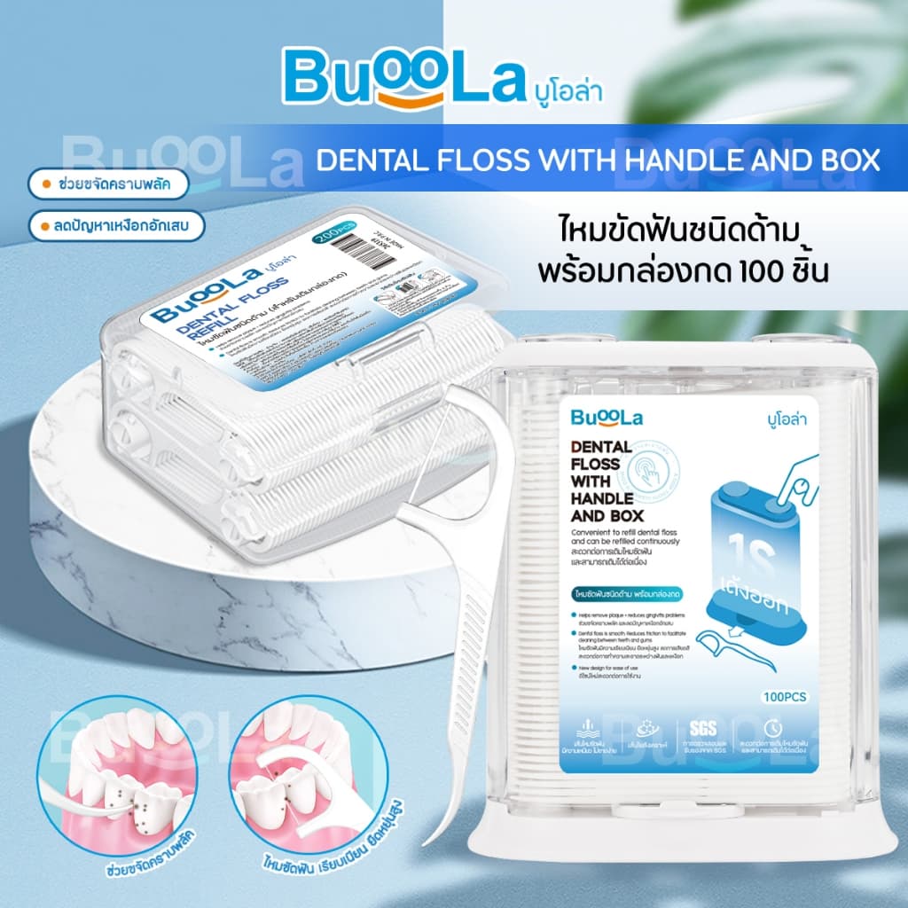 Buoola ไหมขัดฟันชนิดด้าม 1 กล่อง 100 ชิ้น ช่วยขจัดเศษอาหารและคราบพลัค ปากสะอาดสุขภาพดี รูปที่ 7
