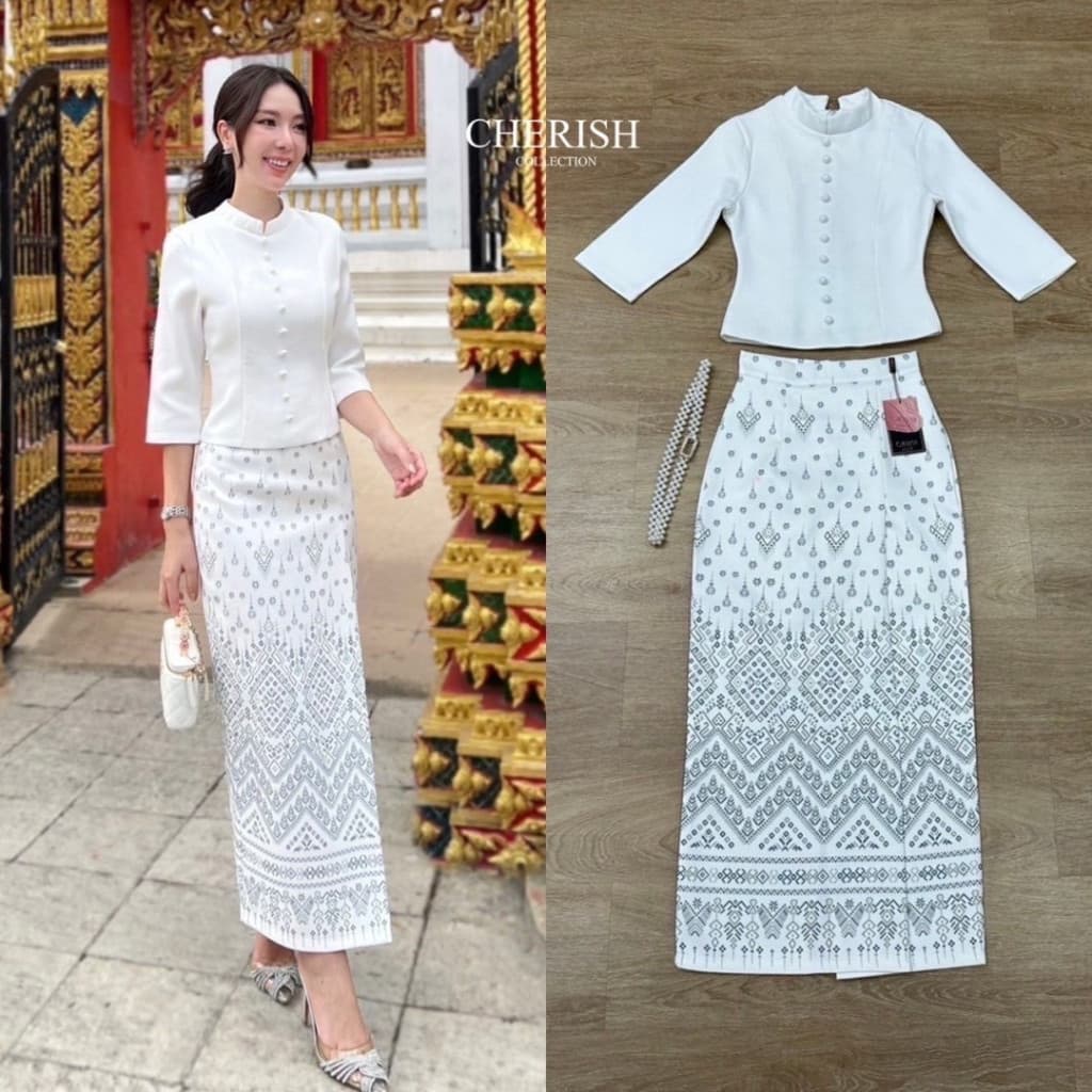 ร้านโค้ดคุ้ม Cherish ชุดไทย ฟ้า ชมพู ขาว เหลือง เสื้อคอวี ผ้าถุงสำเร็จ ใส่ออกงาน งานบุญ งานบวช รูปที่ 7