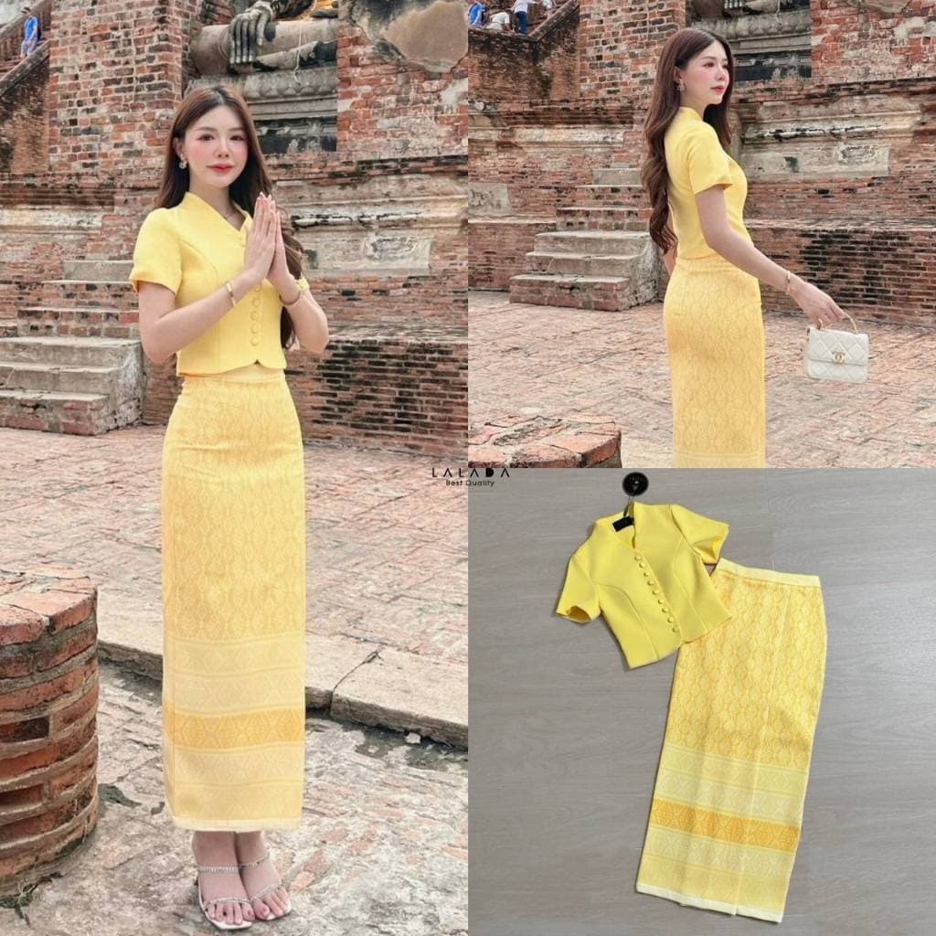 ร้านโค้ดคุ้ม Cherish ชุดไทย ฟ้า ชมพู ขาว เหลือง เสื้อคอวี ผ้าถุงสำเร็จ ใส่ออกงาน งานบุญ งานบวช รูปที่ 3