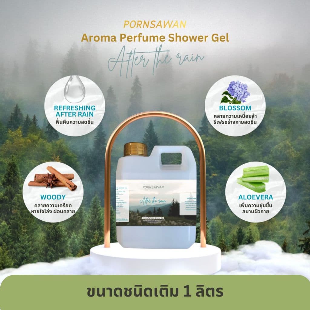 เจลอาบน้ำชนิดเติม กลิ่น After the rain หลังฝนตก หอมสดชื่น ผ่อนคลาย PORNSAWAN แกลอน ขนาด 1 ลิตร รูปที่ 3