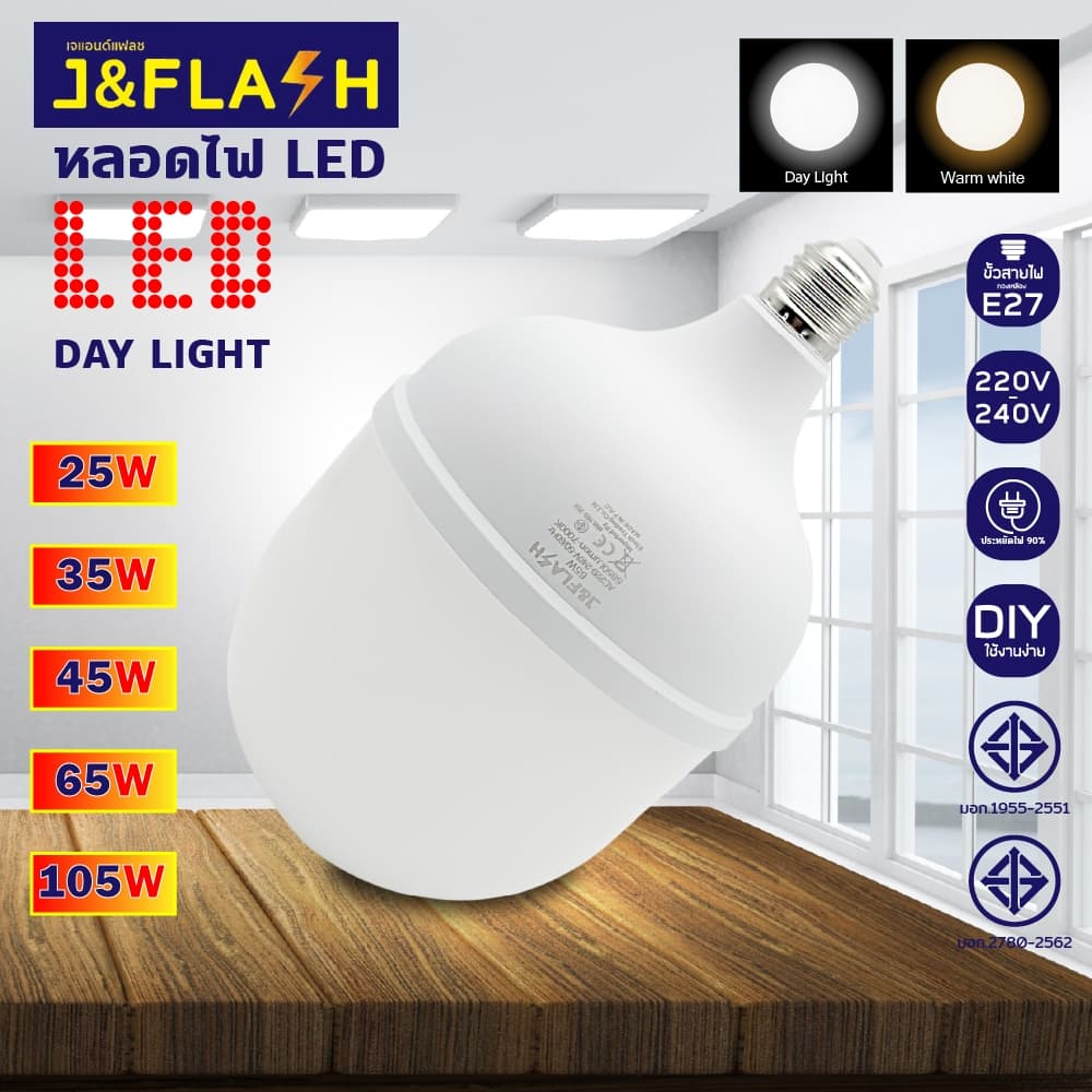 J&FLASH หลอดไฟ LED HighBulb ไฟLED สว่างนวลตา หลอดไฟประหยัดพลังงาน220V ขั้ว E27 25W 35W 45W 65W 105W รูปที่ 2