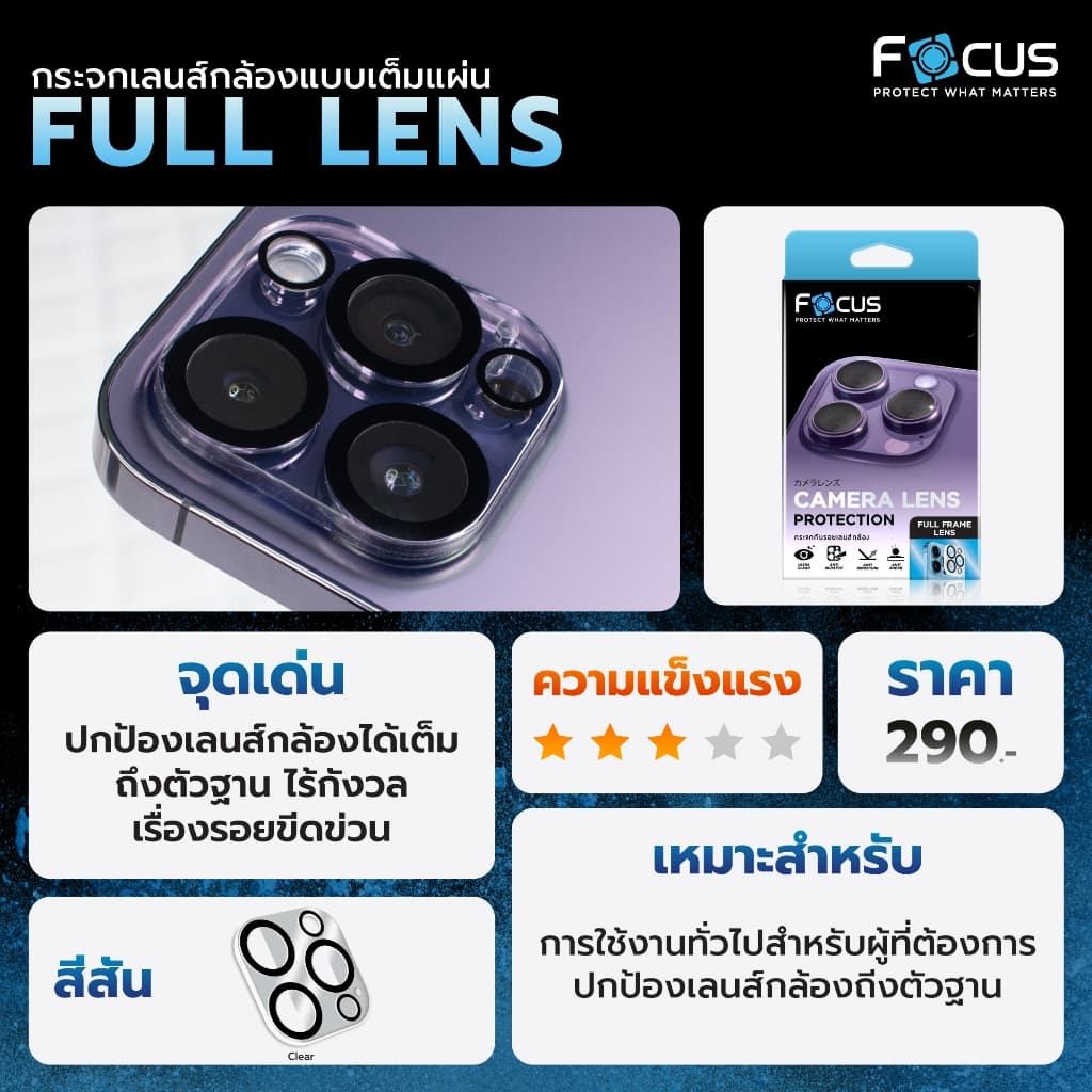 Focus ฟิล์มกระจกเลนส์กล้อง IP 17/16/16plus/16pro/16promax/15/15pro/15promax/14/14pro/14promax/13/13PROMAX/12/12PROmax รูปที่ 3