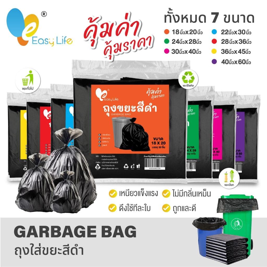 ถุงขยะดำแบบบาง เกรดA 200กรัม/แพ็ค ถุงขยะไร้กลิ่น ถุงขยะคุณภาพดี น้ำไม่รั่วซึม ถุงขยะหลายขนาด ถุงขยะอเนกประสงค์ ถุงขยะดึง
