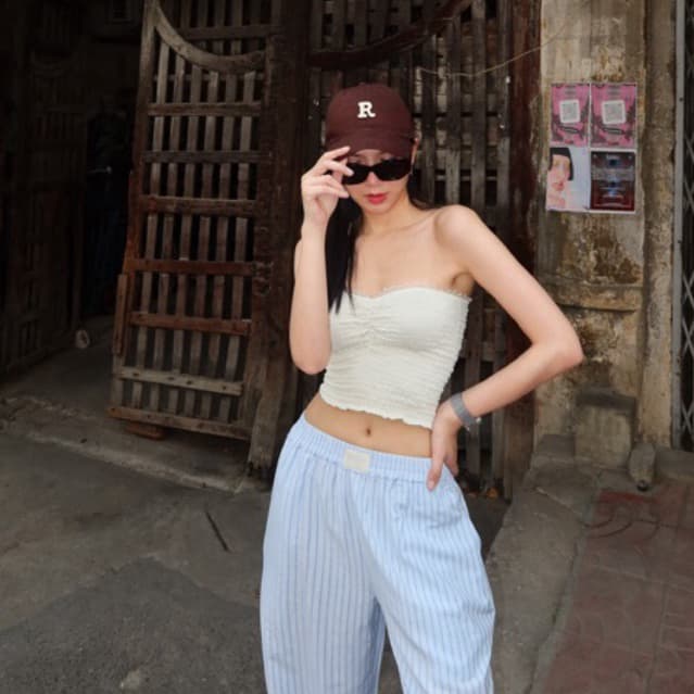 กางเกงผ้า Nammon Jeans B90-B93 กางเกงผ้ากระบอกใหญ่ลายทาง ใส่สบาย รูปที่ 3