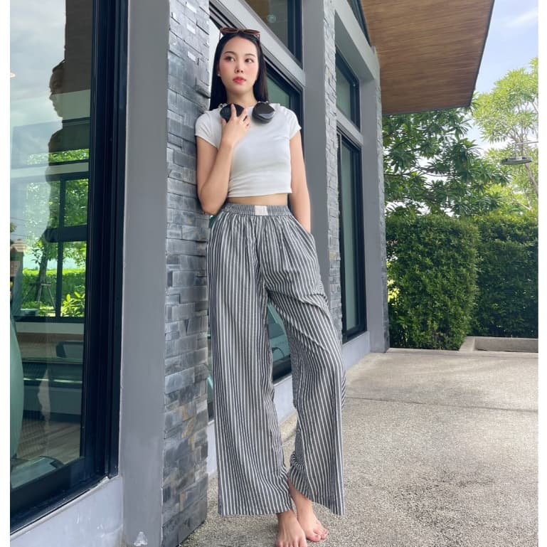กางเกงผ้า Nammon Jeans B90-B93 กางเกงผ้ากระบอกใหญ่ลายทาง ใส่สบาย รูปที่ 6