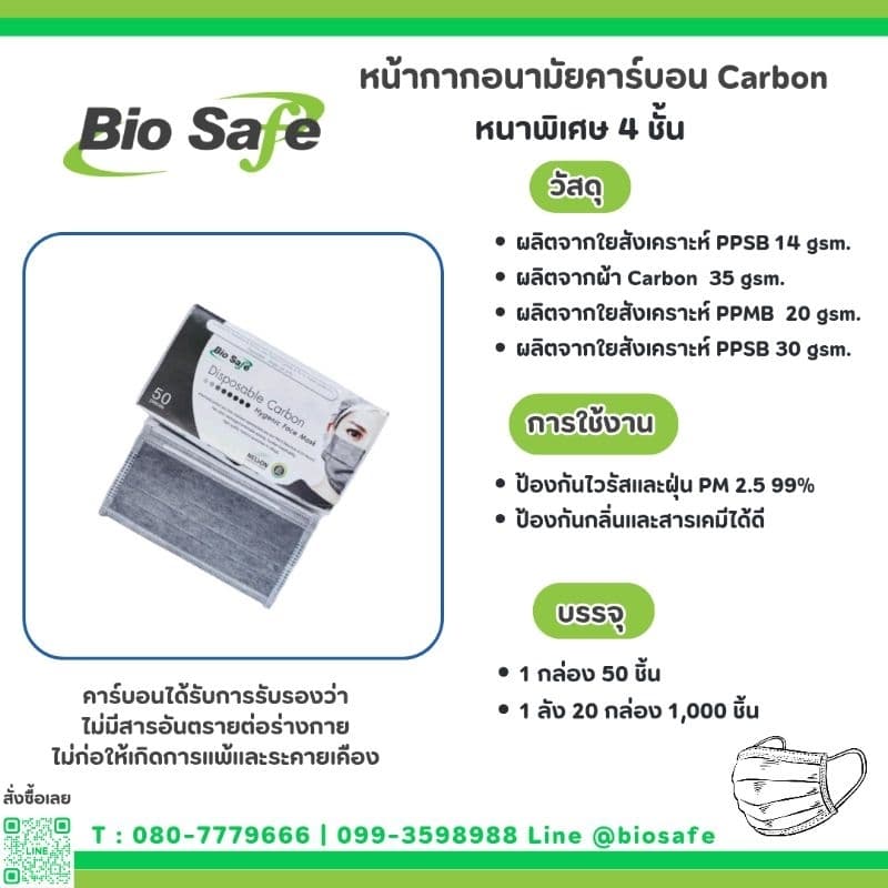 หน้ากากอนามัยคาร์บอน 4 ชั้น BioSafe สีเทา กรองกลิ่น กัน PM2.5 กล่อง 50 ชิ้น รูปที่ 2