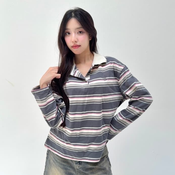 JARINYA เสื้อเชิ้ตคอปกแขนยาวลายทาง Unisex ทรง Oversize เนื้อผ้าคุณภาพเกรดดี ใส่สบาย ปักอะไหล่ โลโก้ รูปที่ 6