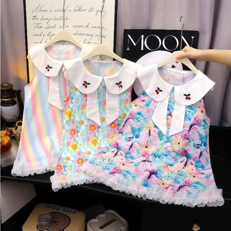 ชุดเดรสน่ารักๆเหมาะสำหรับลูกสาว คอปกปักลายเชอร์รี่ แขนกุด เนื้อผ้าเบา ระบายอากาศ พิมพ์ลาย3มิติ สวมใส่สบาย รูปที่ 3