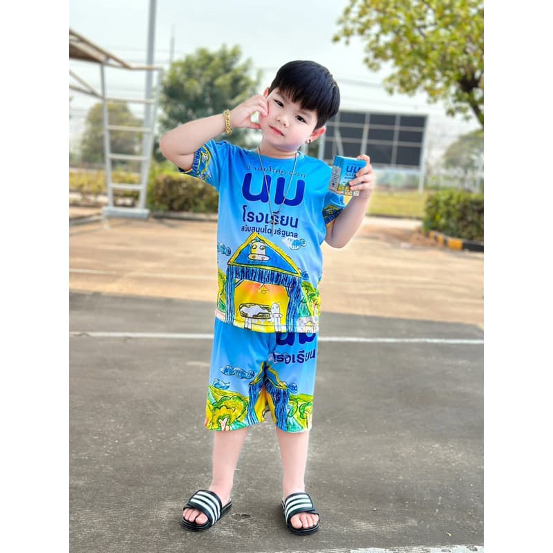 ชุดเด็กลายนม นมโรงเรียน พิมพ์ลายสีฟ้า 1-12ขวบ รูปที่ 4