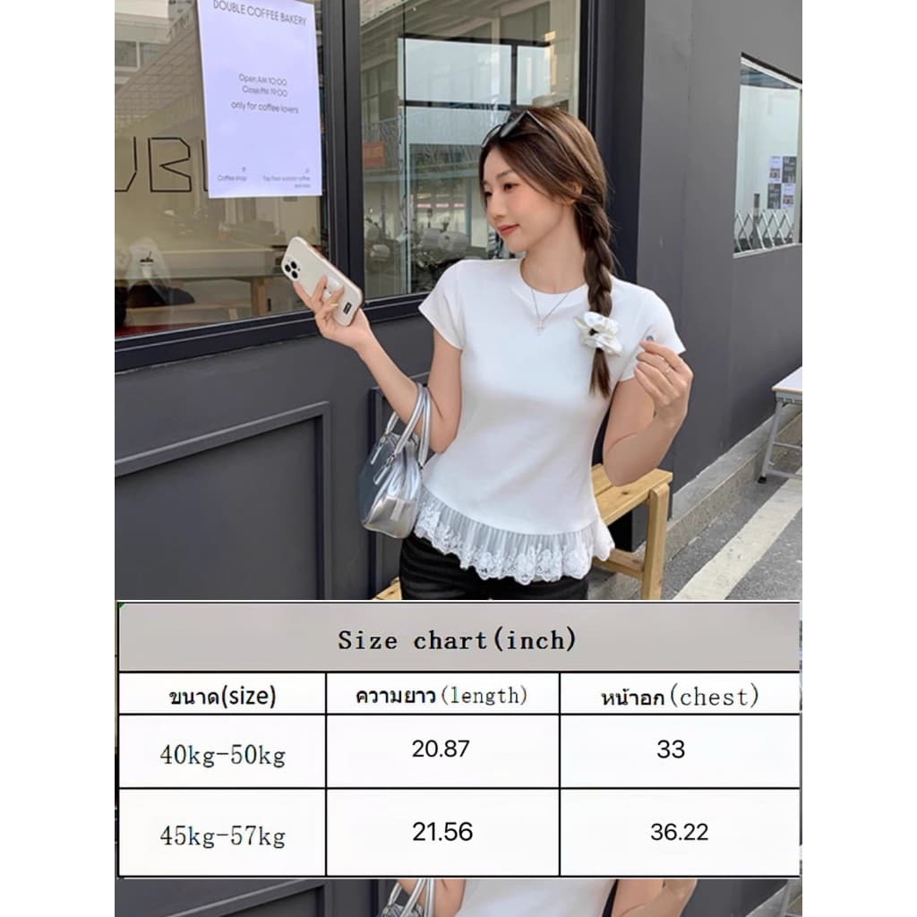 UMISO 100%cotton เสื้อยืดแขนสั้น เสื้อลูกไม้ คอกลมลายลูกไม้สีขาวสำหรับผู้หญิง รูปที่ 8