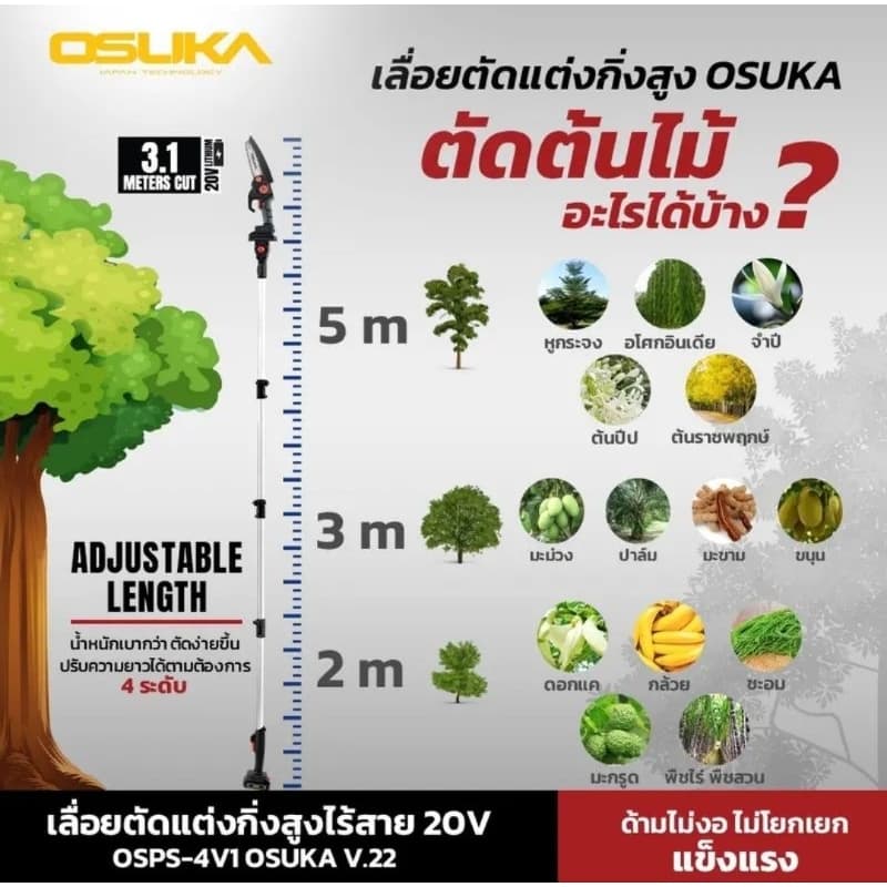 OSUKAเลื่อยตัดแต่งกิ่งสูงไร้สาย OCMC536-M1 / ด้ามจับ เลื่อยไฟฟ้าไร้สาย มอเตอร์บัสเลส OCMC1536-01 ประกัน 1+1 ปี รูปที่ 6