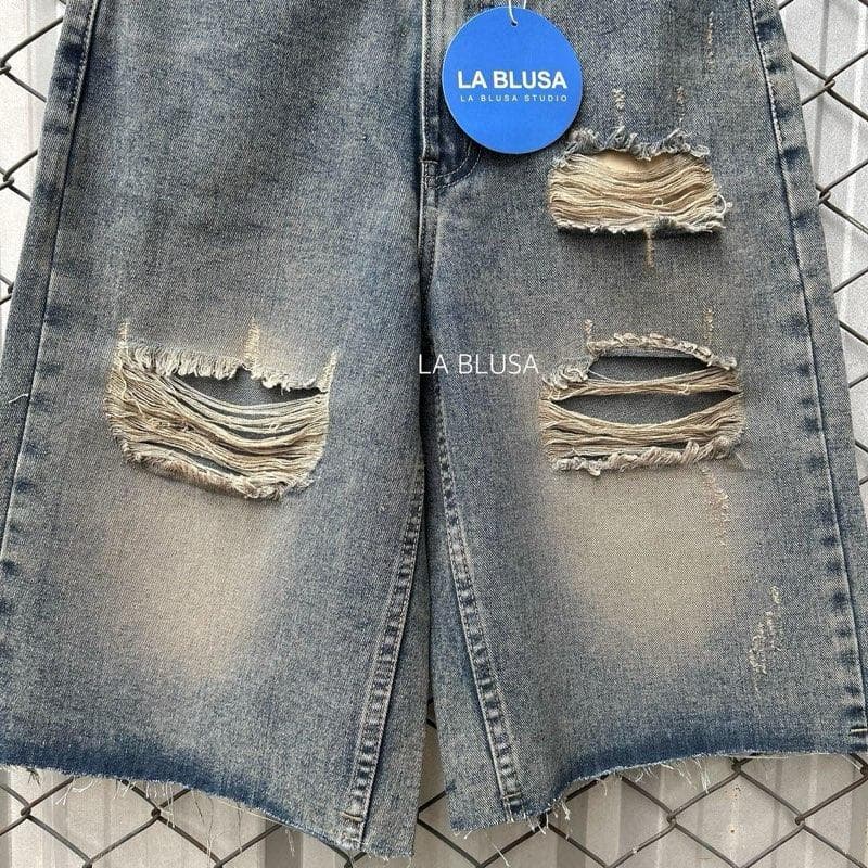 LABLUSA - LBS326 : กางเกงยีนส์ขา 4 ส่วน แต่งขาดเซอร์ วินเทจ รูปที่ 6