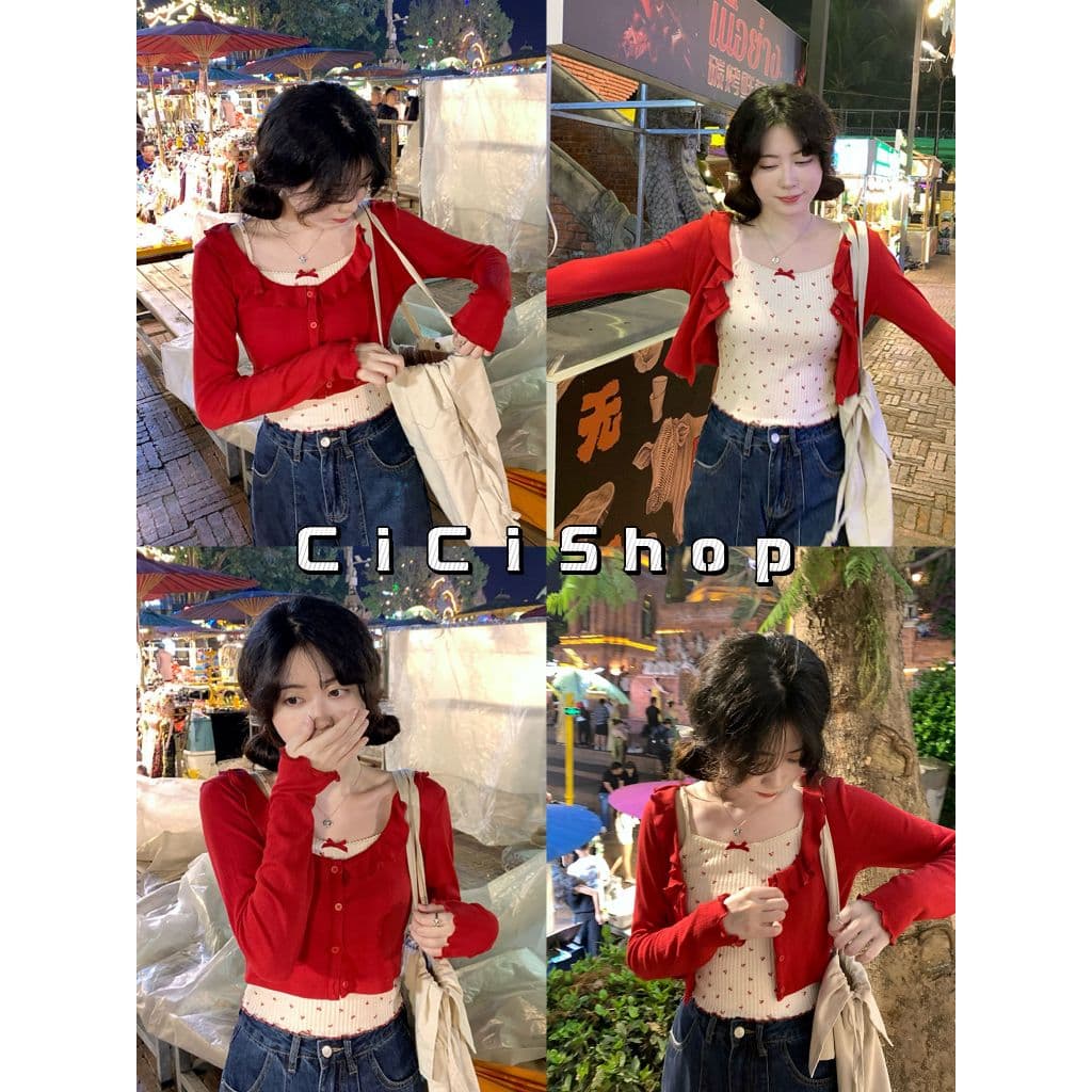 Cicishop Set 2 ชิ้น สายเดี่ยว+เสื้อคลุมลายน้องเชอร์รี่ สดใส ซุกซน ขี้เล่น สไตล์เกาหลี รูปที่ 1