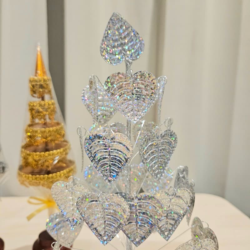 ชุดตั้งหิ้งพระ โต๊ะหมู่บูชา ศาลพระภูมิ ศาลตายาย ชุดสุขใจ 9 เสริมสิริมงคล (ฉัตรลายพรีเมี่ยม 5 ชั้น+โพธิ์กะไหล่เบอร์ 4) รูปที่ 4