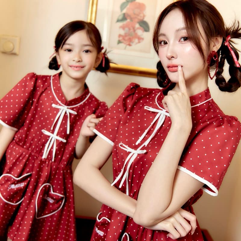 FLAT2112 AFG10013 : BLOSSOM LOVE MINI DRESS ชุดเด็ก ชุดเดรสคอจีน แต่งโบว์ ชุดตรุษจีน รูปที่ 5