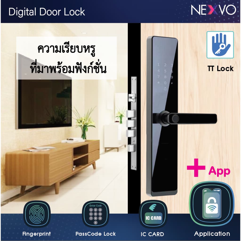 - กลอนประตูดิจิตอล SW01 สีดำ บานผลัก App TTLock ลายนิ้วมือ รหัส คีย์การ์ด กุญแจสำรอง มีบริการติดตั้ง รูปที่ 1
