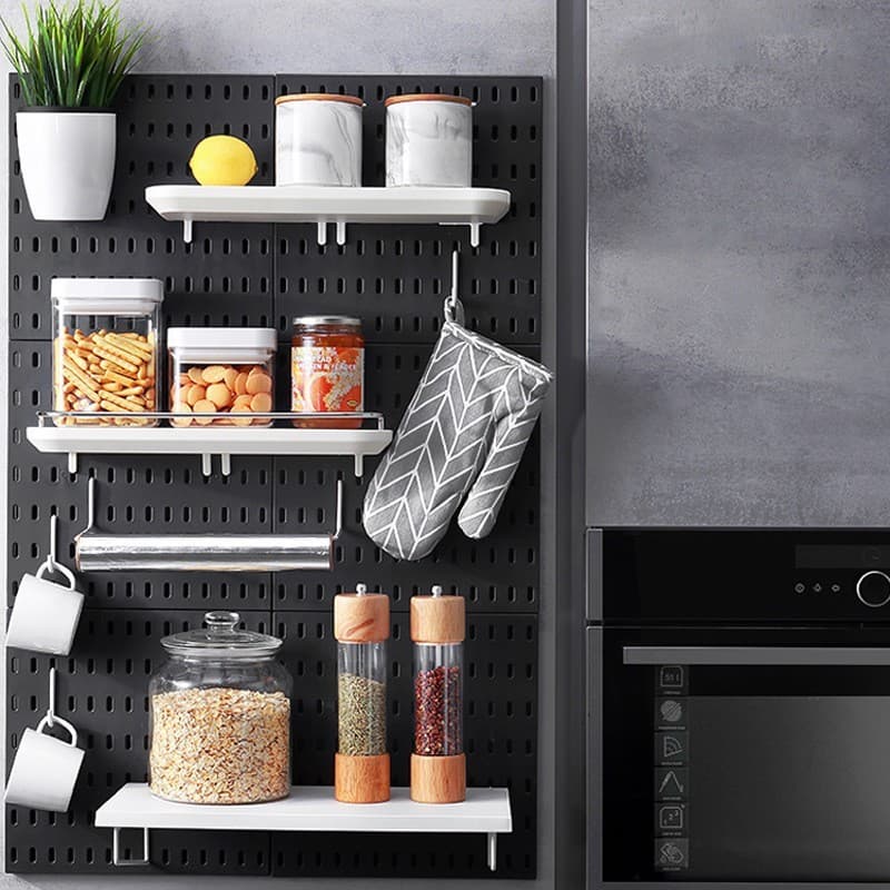 COD เพ็กบอร์ด บอร์ดรูพลาสติก DIY Pegboard กระดานแขวนผนังสำหรับจัดเก็บของพร้อมชุดติดตั้ง ตัวจัดโต๊ะเ รูปที่ 7