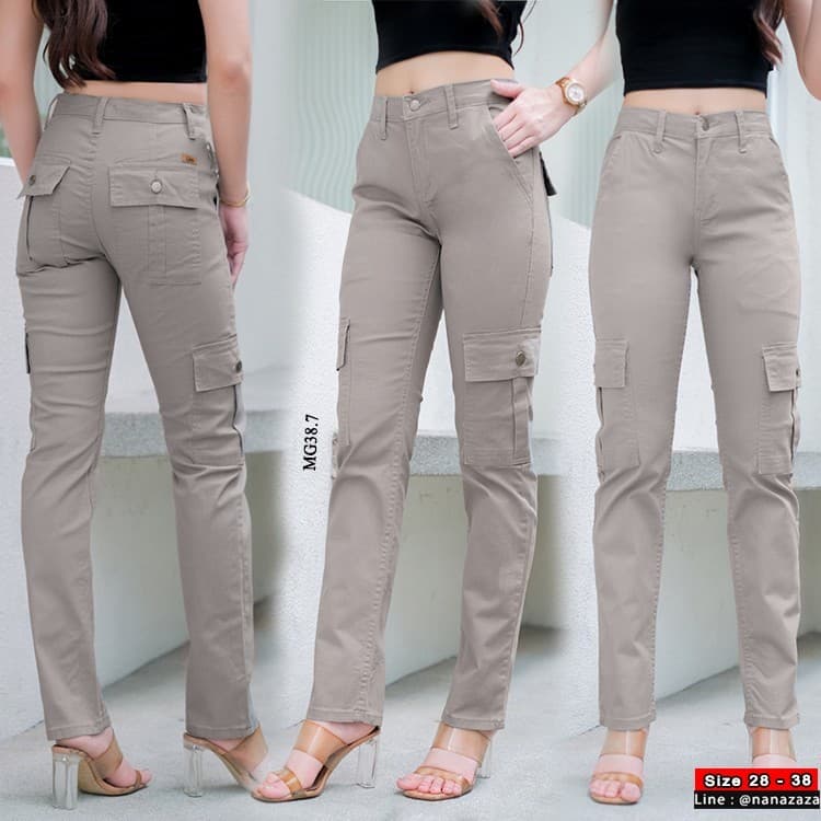 NANAZAZA - MG038 กระบอกเล็กยืด คาร์โก้สไตล์ กระเป๋ากล่อง 100% COTTON DENIM รูปที่ 3