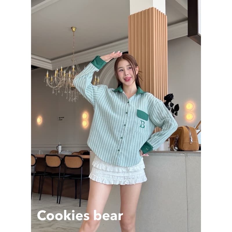 M03 - Cookies Bear เสื้อเชิ้ตโอเวอร์ไซส์แขนยาว B ตัดขอบสีปกแขนกระเป๋าโค้ง รูปที่ 5