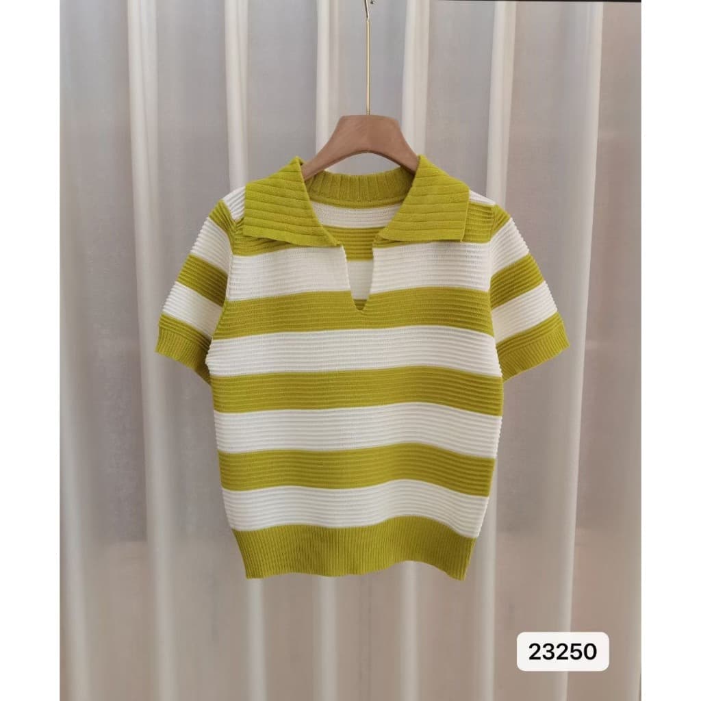 เสื้อแขนสั้นโปโลคอวีผู้หญิง เสื้อครอป ลายทาง สวมใส่สบาย รูปที่ 6