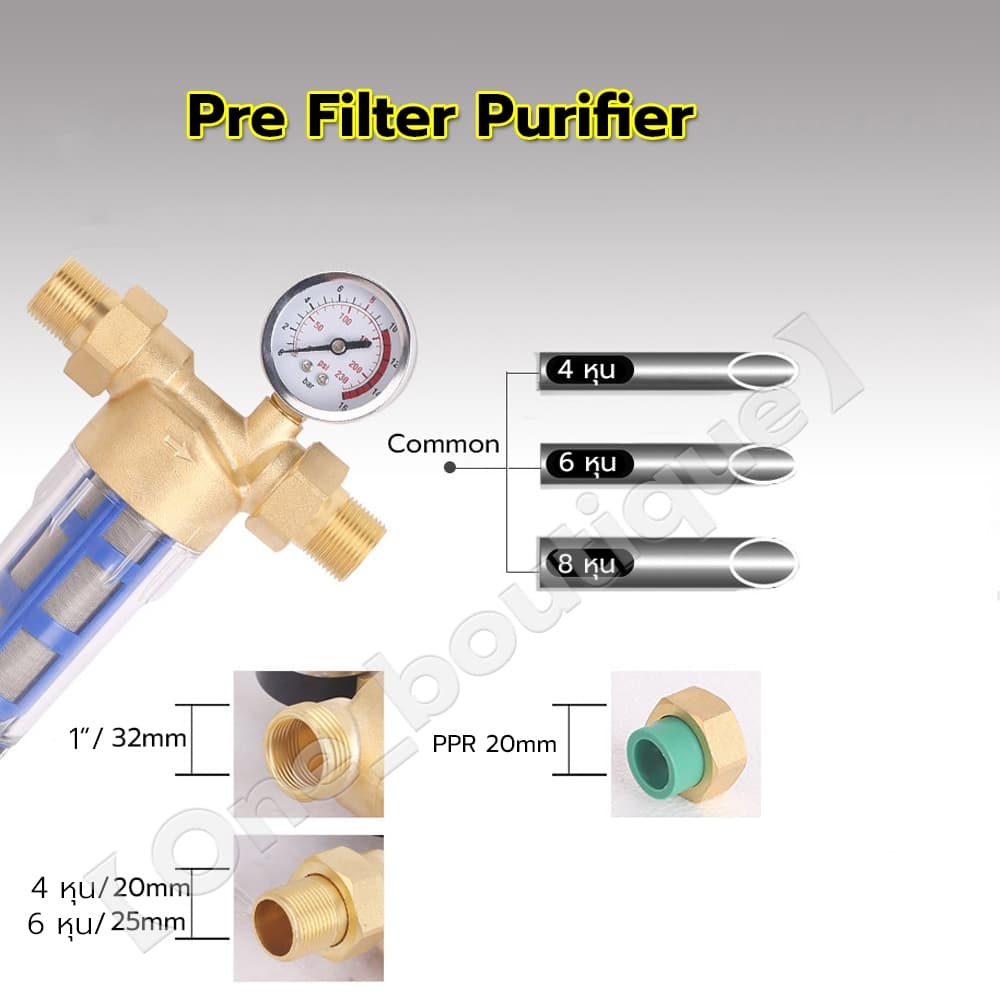 กรองน้ำ Pre-Filter Water กระบอกหนา หัวทองเหลือง เกลียวทองเหลือง1/2" 1"ขนาดเกลียว6หุน 1นิ้ว ไส้กรองสแตนเลส ล้างในตัว รูปที่ 2