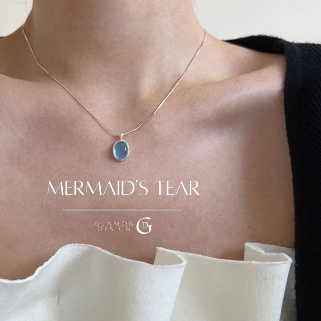 GLAMORสร้อยเงินแท้ Blue Tears สร้อยคอเงิน 925 พร้อมจี้ Aquamarine สไตล์เกาหลี รูปที่ 1