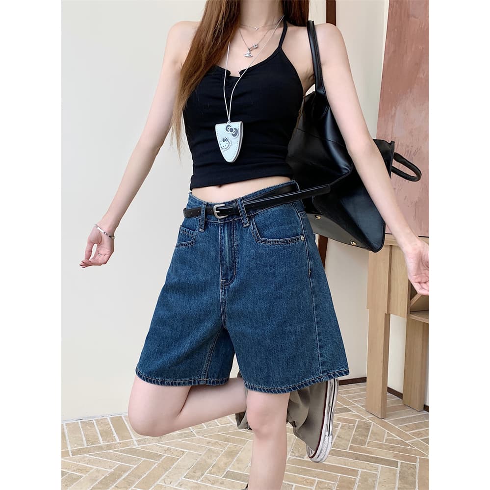 YODO กางเกงยีนส์สั้นทรงA-line สีน้ำเงินวินเทจตัวเล็กเอวสูงดูผอมหลวม กางเกงยาวปานกลาง5ส่วน#6607 รูปที่ 5