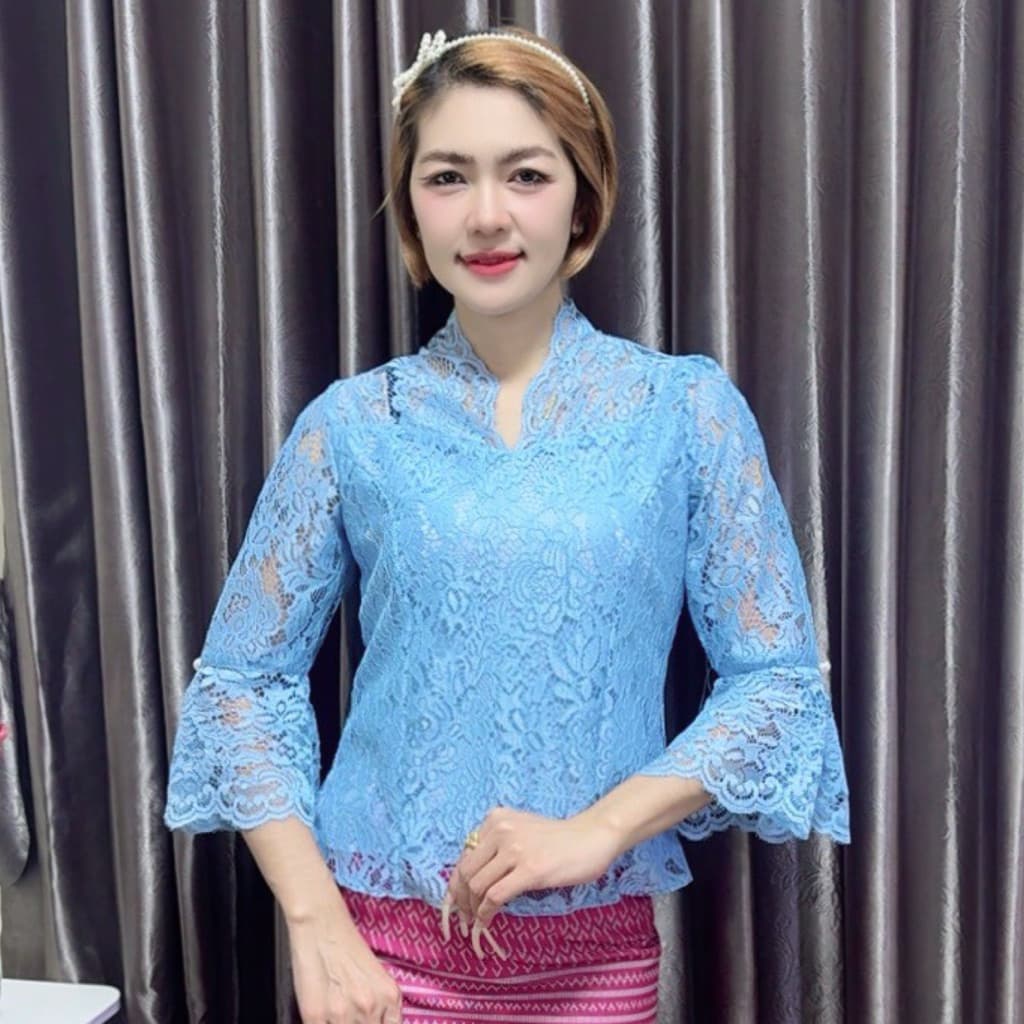 เสื้อลูกไม้คอวีแขนกระดิ่งใส่งานแต่งงานบุญงานบวช รูปที่ 4