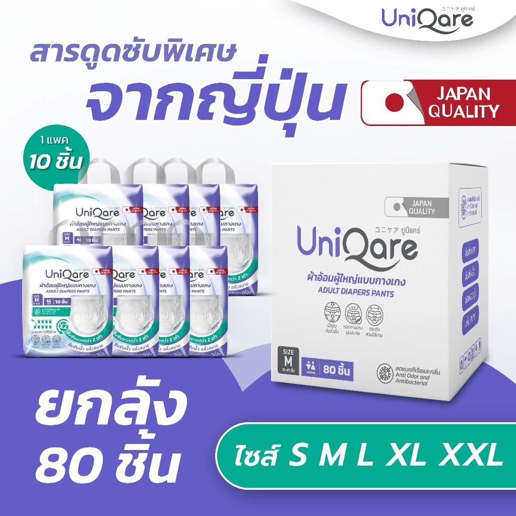 Uniqare ผ้าอ้อมผู้ใหญ่ แบบกางเกง ยกลัง 80 ชิ้น นุ่มสบาย ซึมซับมากถึง 1000 ซีซี ไซส์ S,M,L,XL,XXL