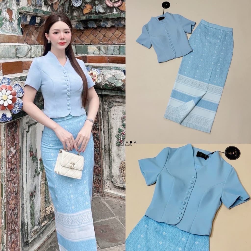 ร้านโค้ดคุ้ม Cherish ชุดไทย ฟ้า ชมพู ขาว เหลือง เสื้อคอวี ผ้าถุงสำเร็จ ใส่ออกงาน งานบุญ งานบวช รูปที่ 2