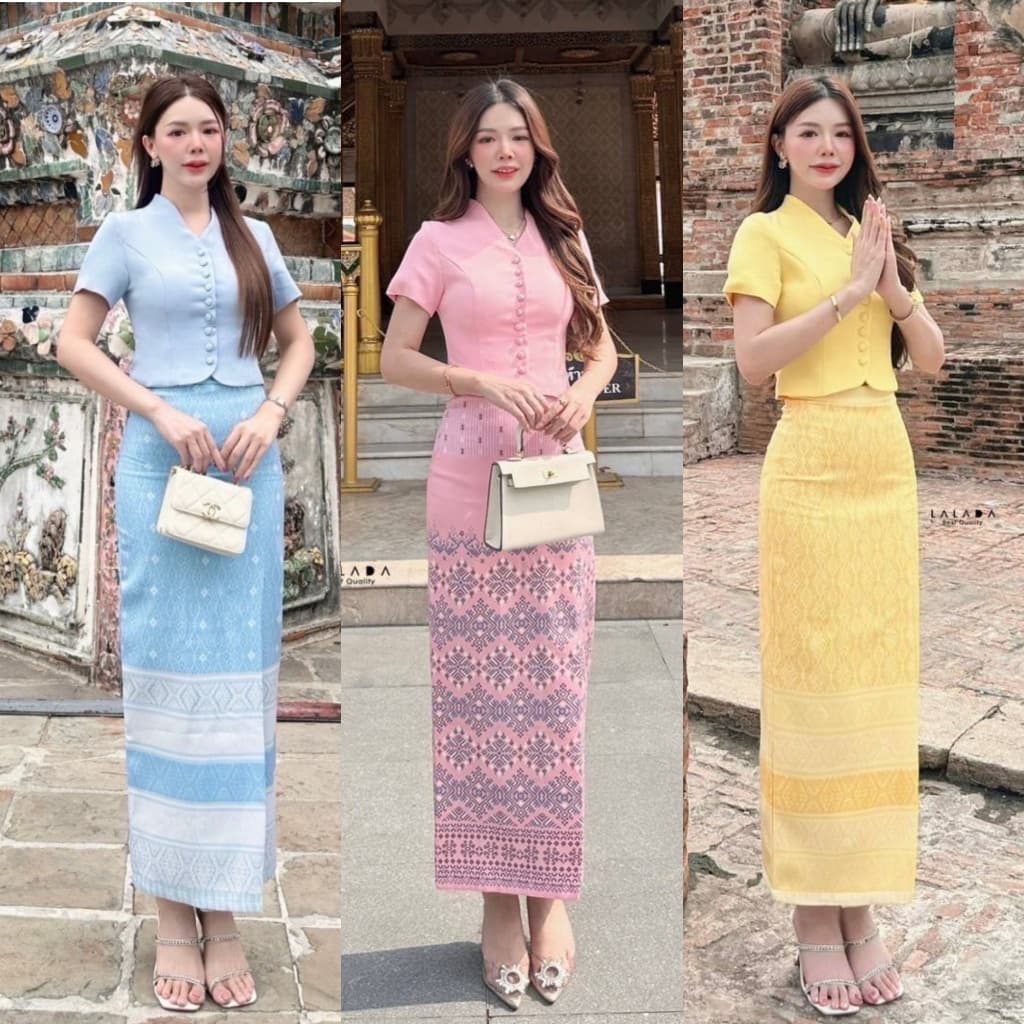 ร้านโค้ดคุ้ม Cherish ชุดไทย ฟ้า ชมพู ขาว เหลือง เสื้อคอวี ผ้าถุงสำเร็จ ใส่ออกงาน งานบุญ งานบวช รูปที่ 1
