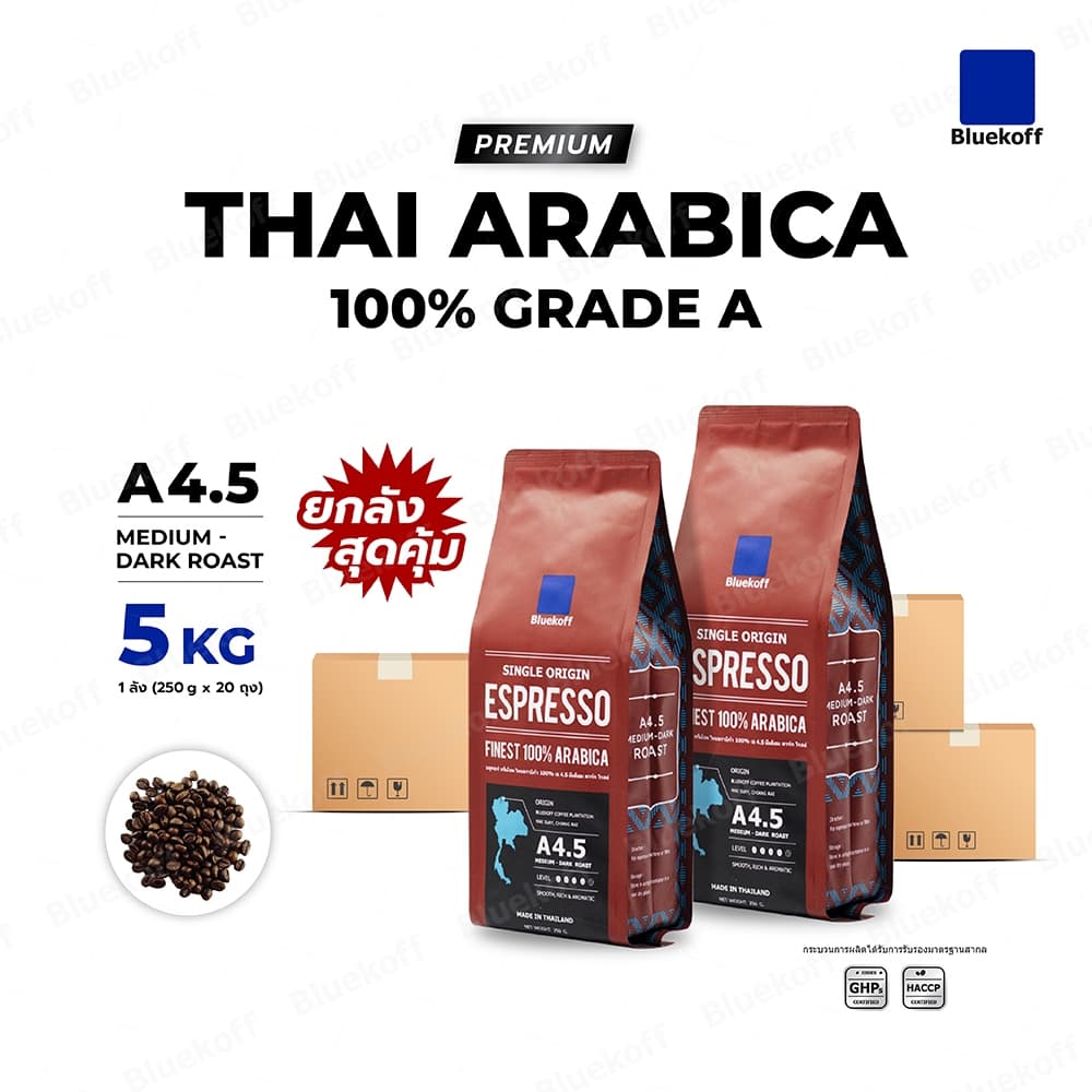 Bluekoff A4.5 Medium-Dark Roast เมล็ดกาแฟไทย อราบิก้า 100% Premium เกรด A ยกลัง 5 กิโลกรัม รูปที่ 1