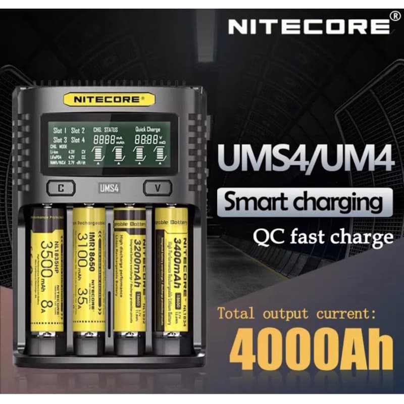 NITECORE UMS4 สี่ช่องแบตเตอรี่อัจฉริยะ USB-C 4A QC Fast CHARGING ที่ยอดเยี่ยมสําหรับ 18650 14500 26650 21700 AA AAA รูปที่ 1