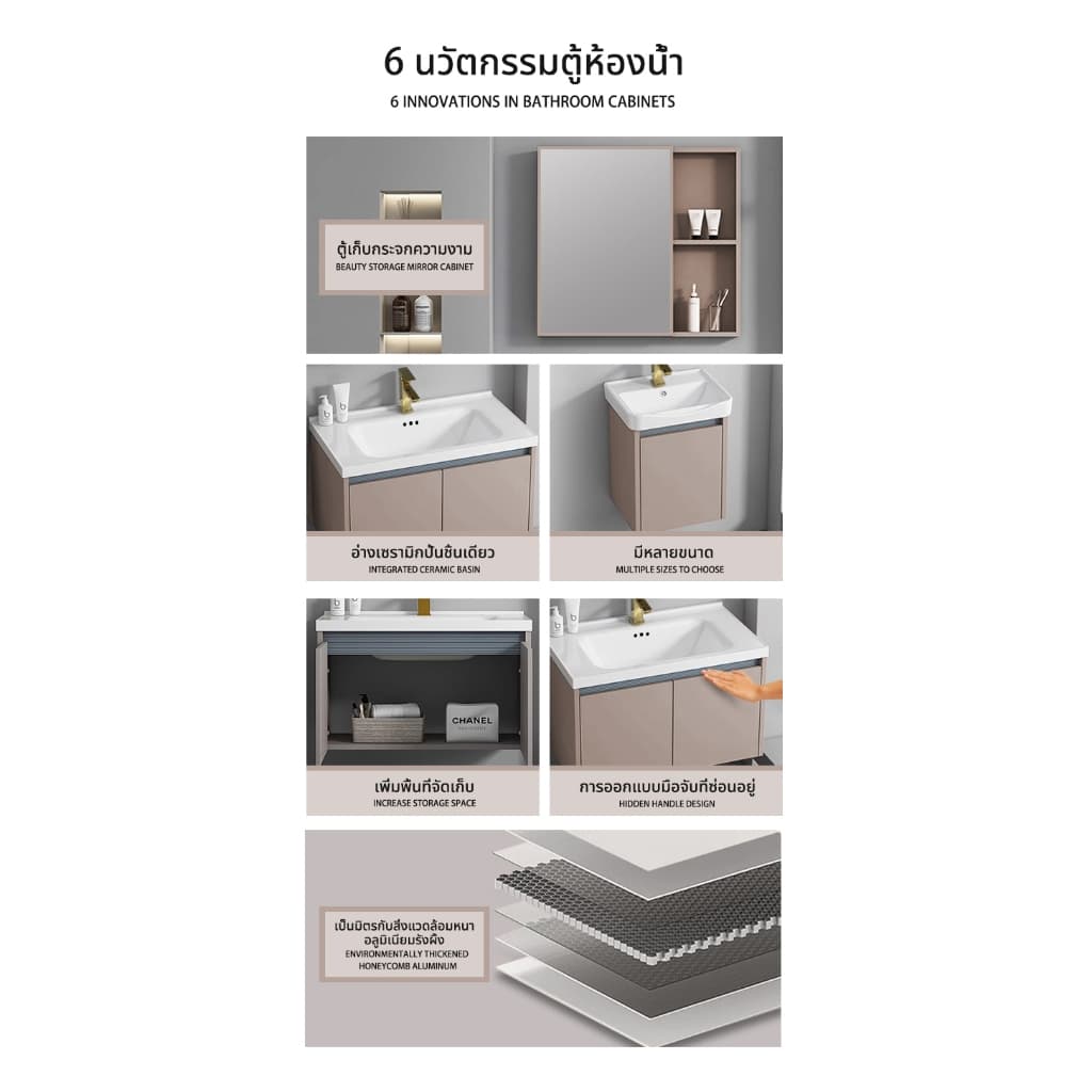 805 NEW จัดส่งในกรุงเทพฯ, ประเทศไทย อ่างล้างหน้าห้องน้ำจากหินอ่อนตู้ อ่างล้างหน้าเซรามิก ตู้ห้องน้ําสไตล์ครีม ตู้กระจกอั รูปที่ 5