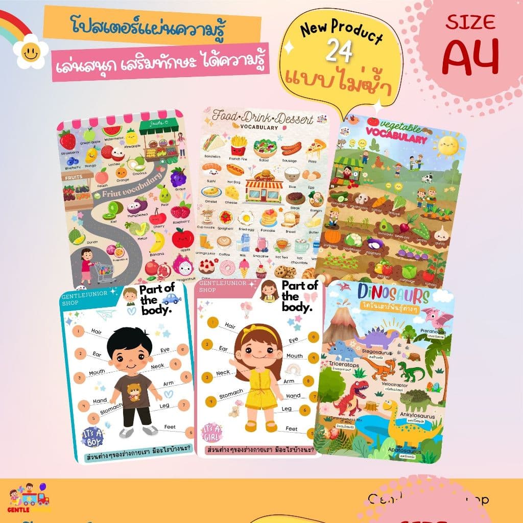 NEW!! แผ่นความรู้ 24 แบบ!! สำหรับเด็กอนุบาลขนาด A4 โปสเตอร์หัดอ่าน สื่อการสอนฝึกอ่านเสริมพัฒนาการ รูปที่ 4