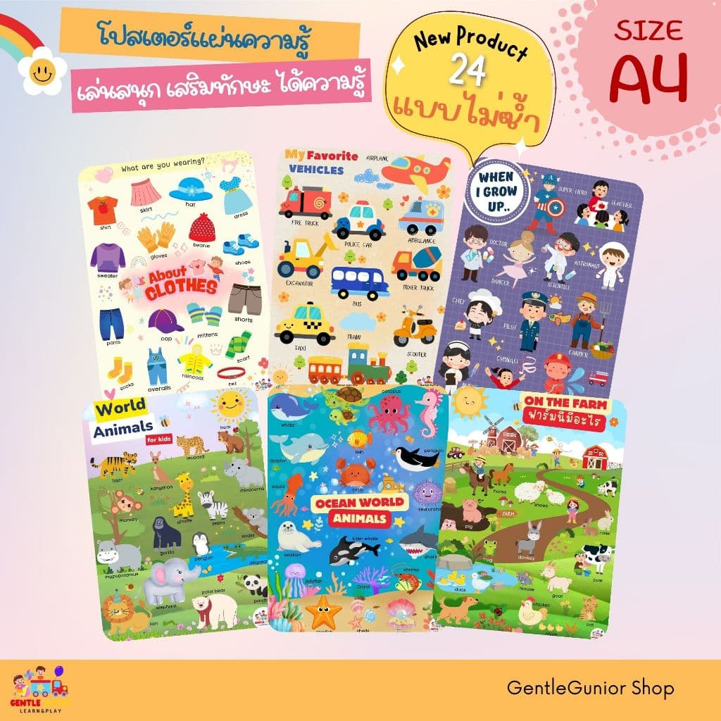 NEW!! แผ่นความรู้ 24 แบบ!! สำหรับเด็กอนุบาลขนาด A4 โปสเตอร์หัดอ่าน สื่อการสอนฝึกอ่านเสริมพัฒนาการ รูปที่ 5