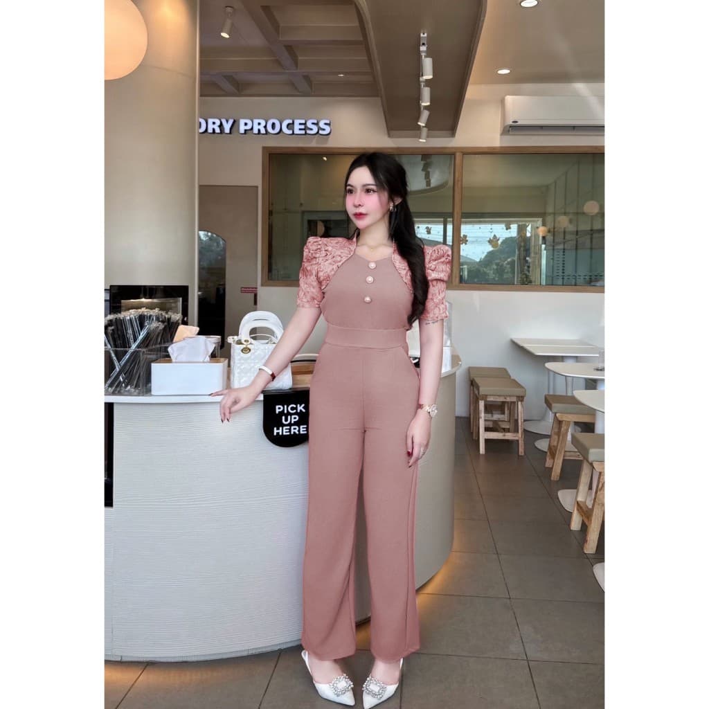 สินค้าพร้อส่ง ชุดเซตผ้าวูลเวฟ เสื้อคอระหงส์แขนแต่งผ้าทอแต่งย่นแต่งกระดุมมุก+กางเกง รูปที่ 2